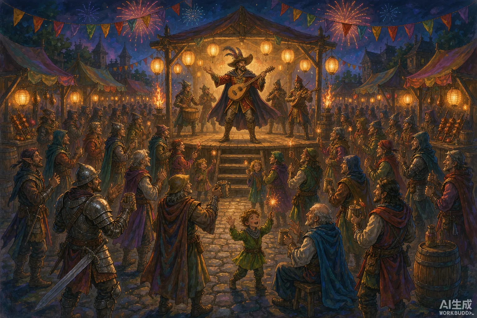 A bard performing for a lantern-lit festival crowd — bringing players in