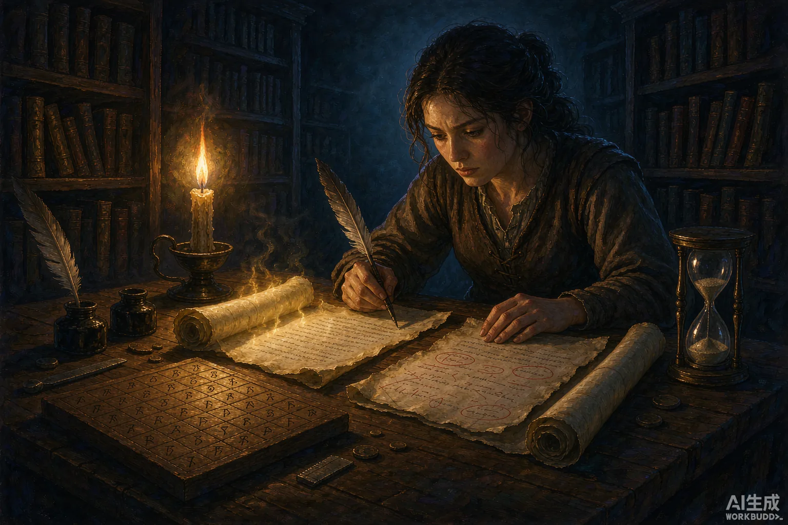 An inspector examining glowing runes through a magnifying lens — every line tested before release